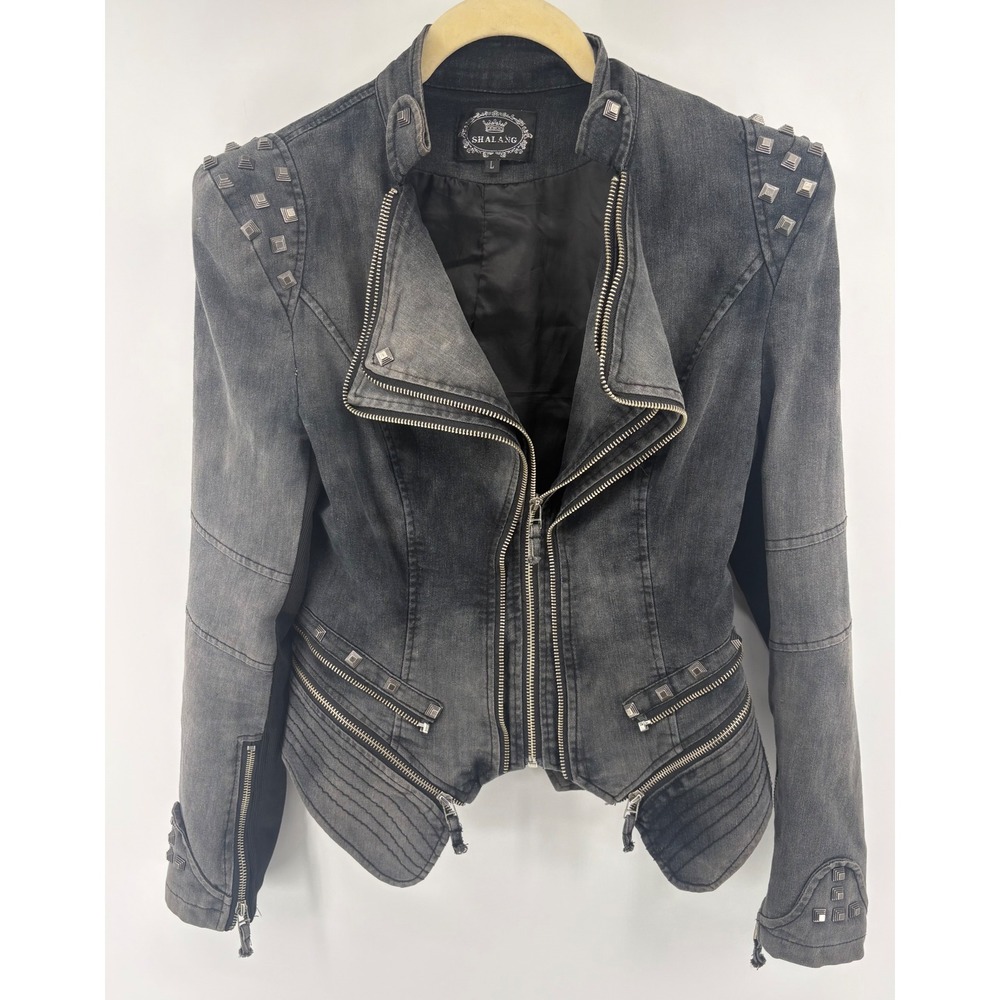 Shalang Womens Studded Moto Denim Jacket Grey Acid Wash Asymmetrical Zip Large